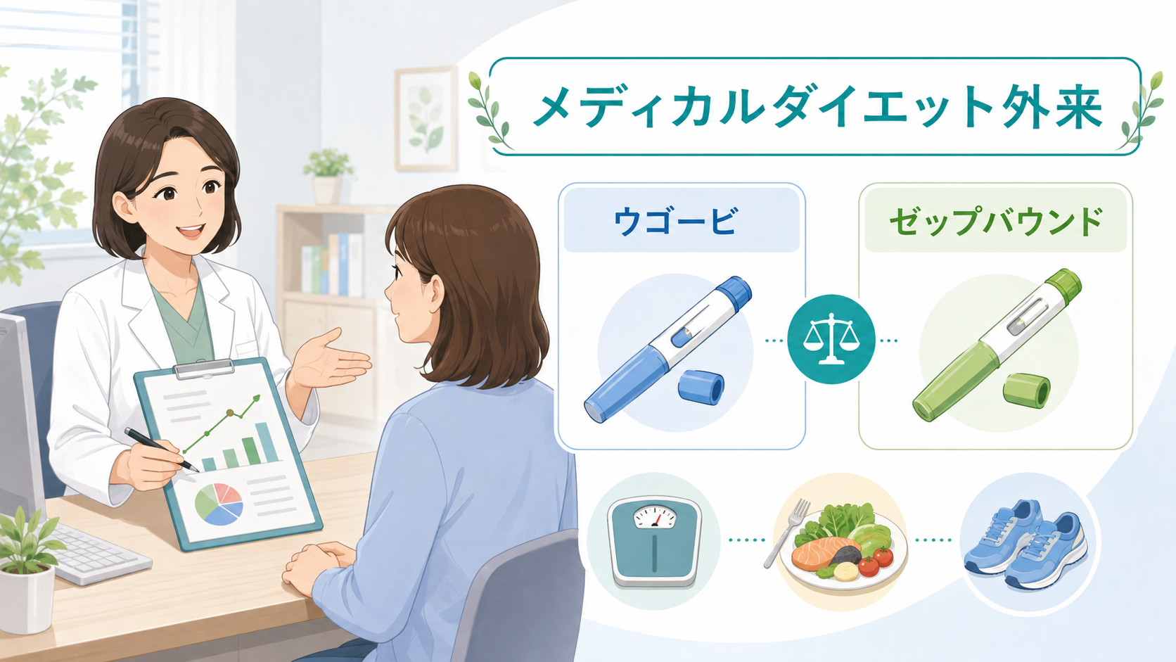 メディカルダイエット外来でウゴービとゼップバウンドについて医師が説明しているイラスト