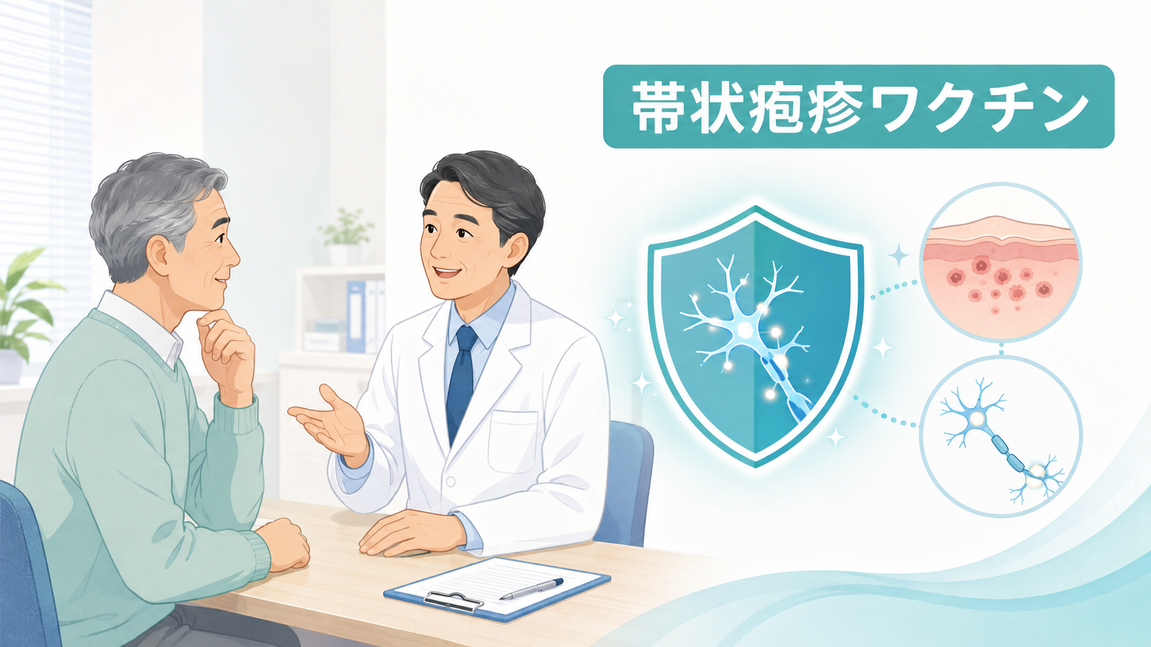 過去に帯状疱疹にかかった人がワクチン接種について医師に相談しているイラスト