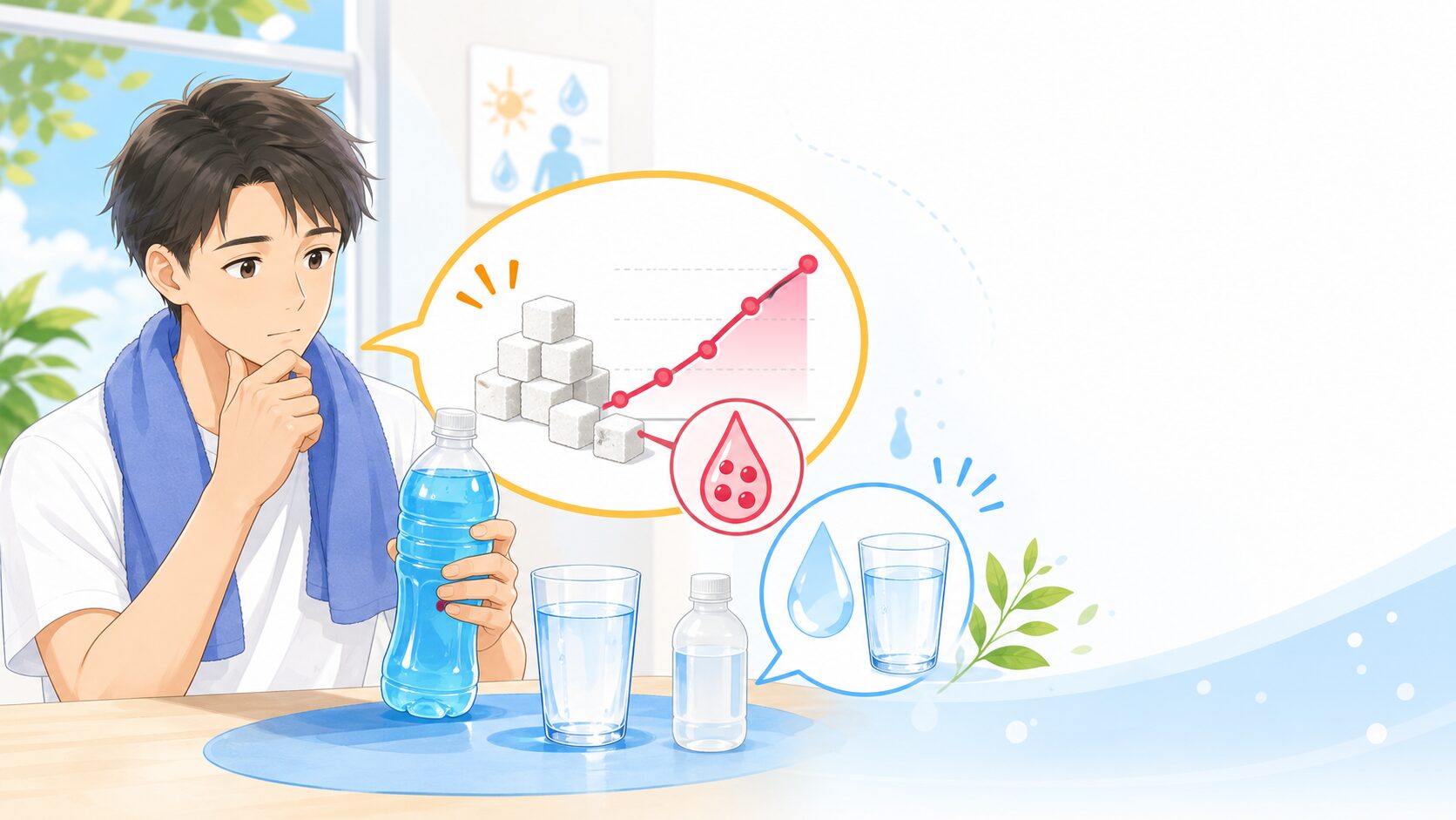 スポーツ飲料の飲みすぎによる血糖上昇と、水分補給の選び方を示すイラスト